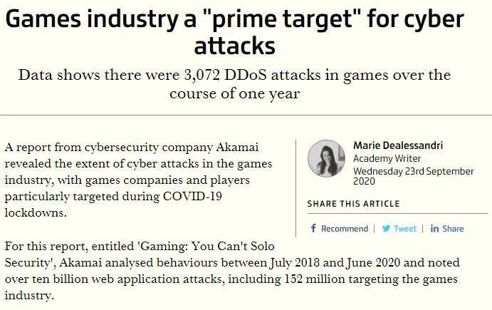 游戏玩家成目标 过去一年受到3072次DDoS攻击