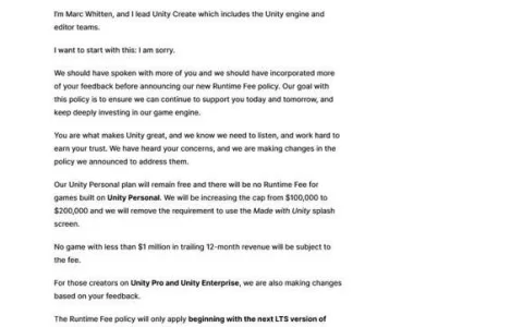 负责人致歉,Unity公布新收费方案