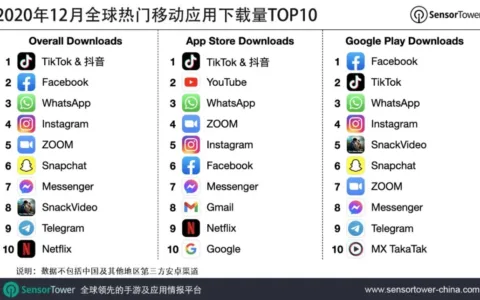 2020年12月全球热门移动应用下载量TOP10