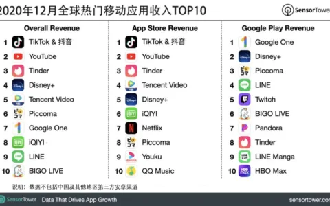 2020年12月全球热门移动应用收入TOP10