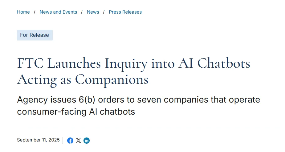 AI伴侣翻车？美国对Meta、OpenAI等启动调查