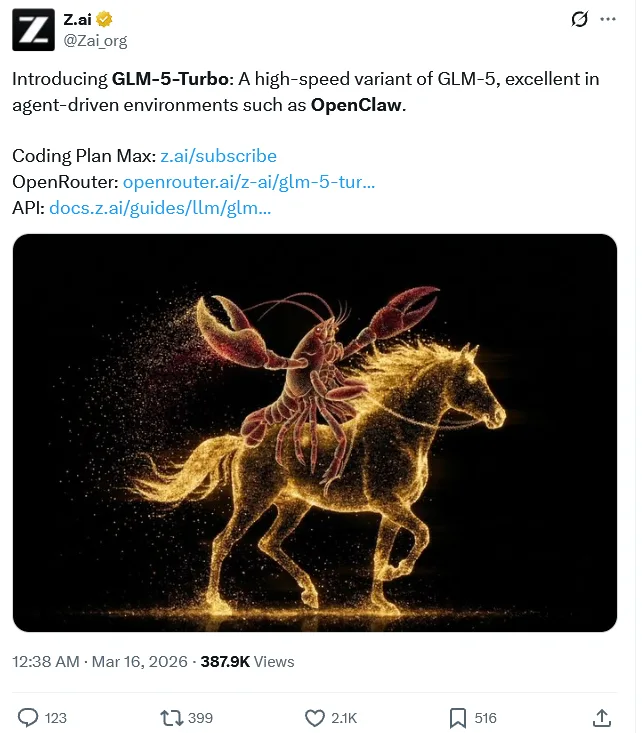 智谱发布龙虾基座模型GLM-5-Turbo