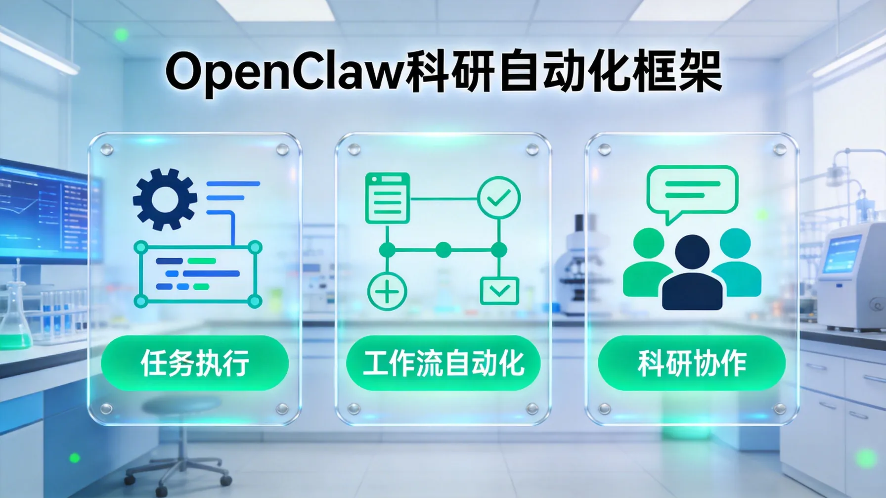 OpenClaw科研自动化概念图，展示核心功能模块