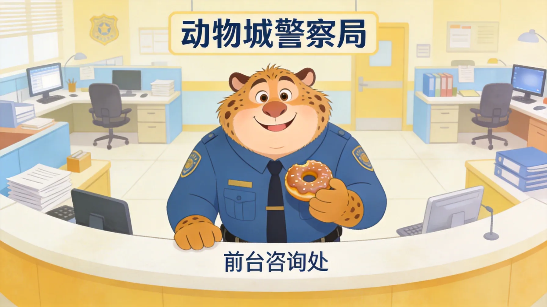 Clawhauser在警局前台微笑拿甜甜圈的场景