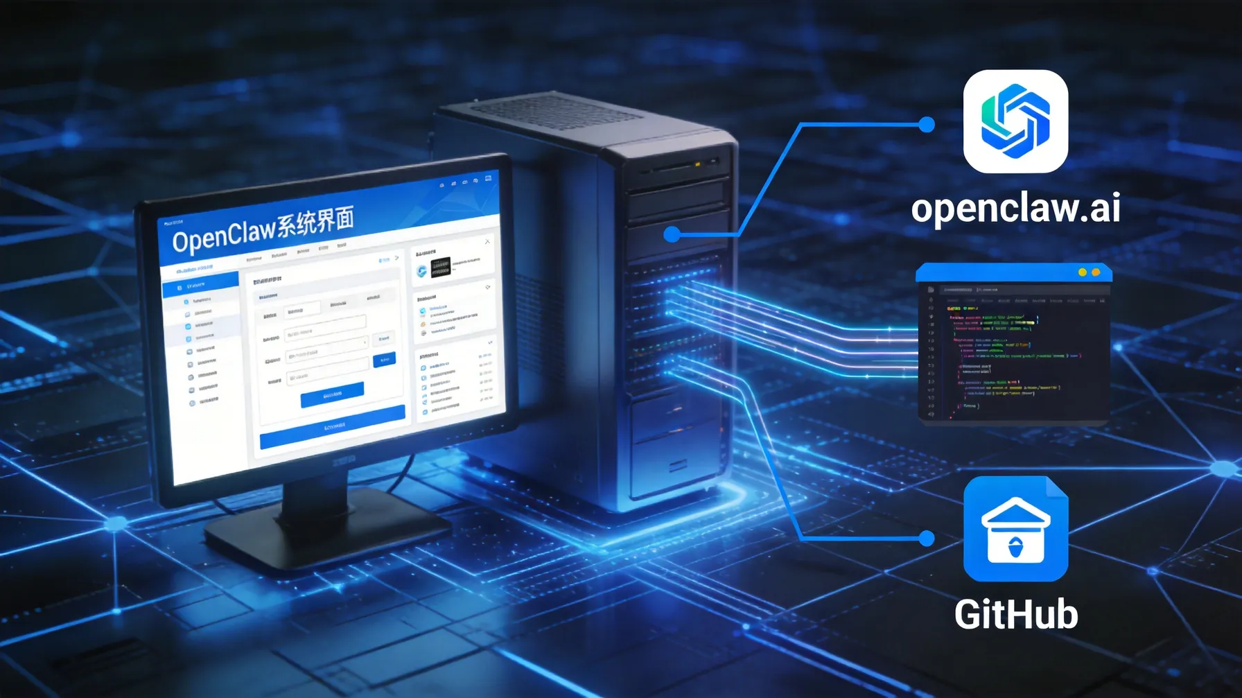 OpenClaw官网与GitHub仓库连接服务器的概念图