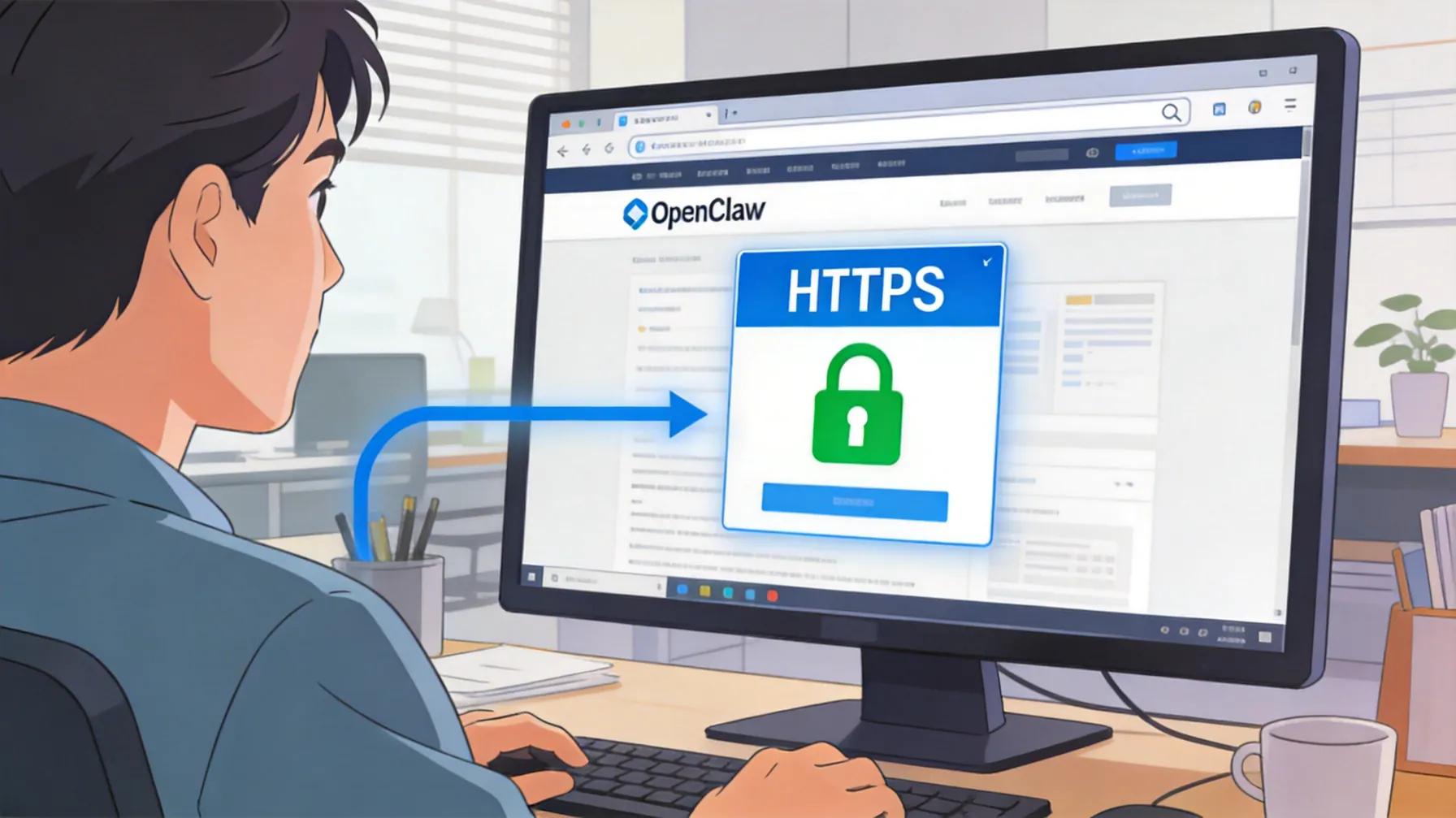 用户在电脑前访问 OpenClaw 官方网站，显示安全锁标识